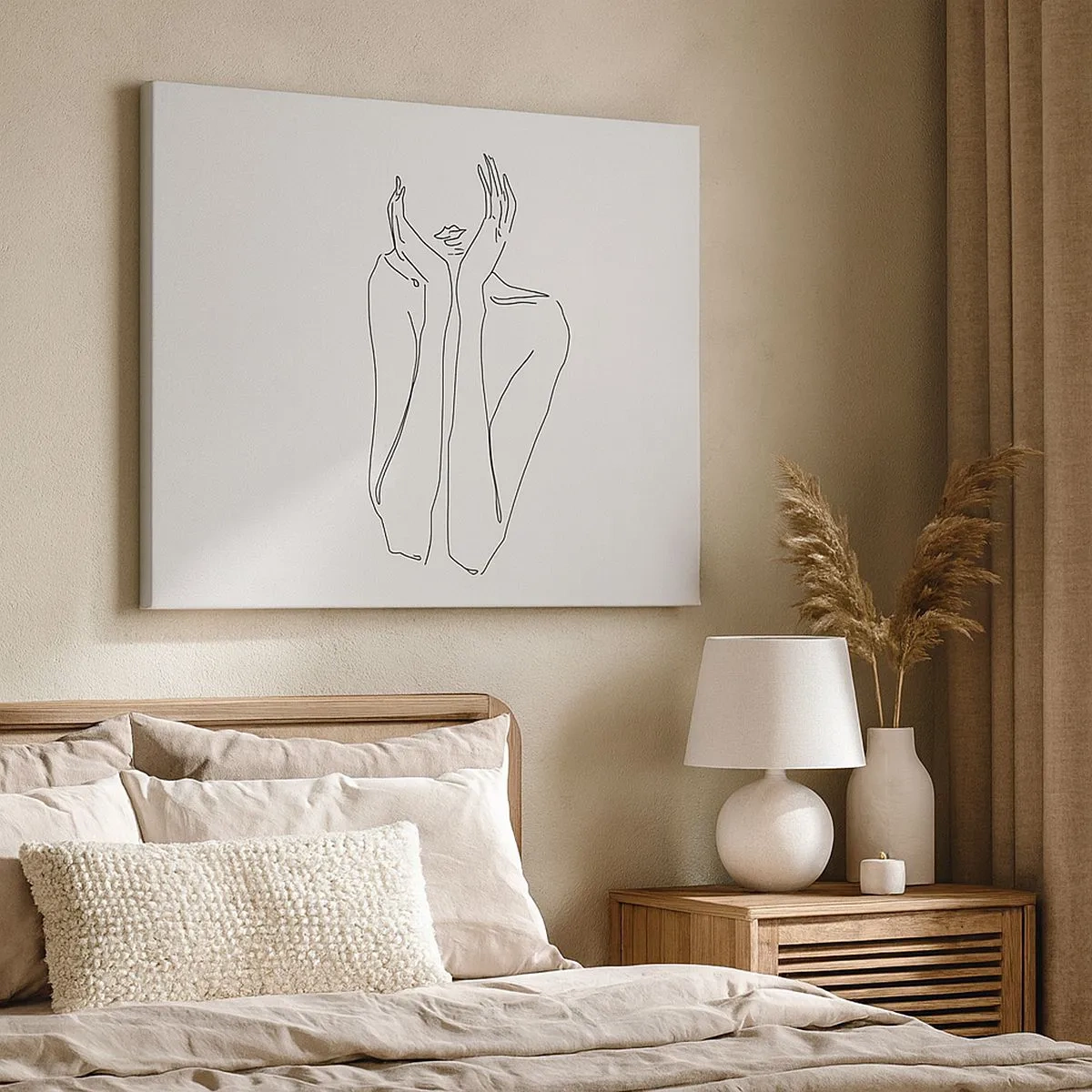 Obraz na płótnie - Minimalistyczny rysunek twarzy i dłoni linią - 70x50cm - O czym marzą dziewczyny - Nowoczesna dekoracja ścienna do salonu i sypialni ARTTOR