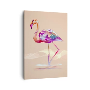 Obraz na płótnie - Kolorowa ilustracja flaminga stojącego w wodzie na beżowym tle - 50x70cm - Ptak dobrych emocji - Nowoczesna dekoracja ścienna do salonu, kuchni i sypialni ARTTOR