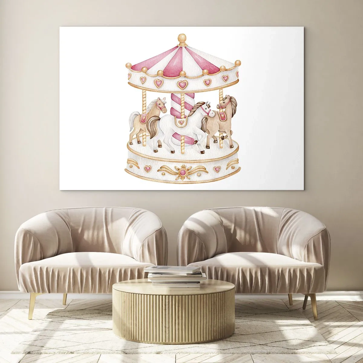 Obraz na szkle - Różowa karuzela z konikami w stylu dziecięcym na białym tle - 70x50cm - Słodki świat dzieciństwa - Nowoczesna dekoracja ścienna do salonu i sypialni ARTTOR