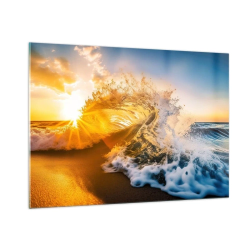 Obraz na szkle - Fala uderzająca o brzeg oświetlona promieniami zachodu - 100x70cm - Zabawa na piasku - Nowoczesna dekoracja ścienna do salonu, kuchni i sypialni ARTTOR