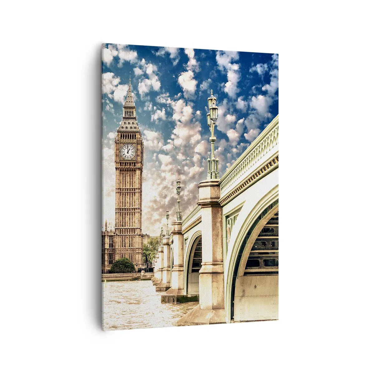 Obraz na płótnie - Big Ben i Westminster Bridge oświetlone słońcem w Londynie - 70x100cm - Pierzaste obłoki nad  Tamizą - Nowoczesna dekoracja ścienna do salonu i sypialni ARTTOR