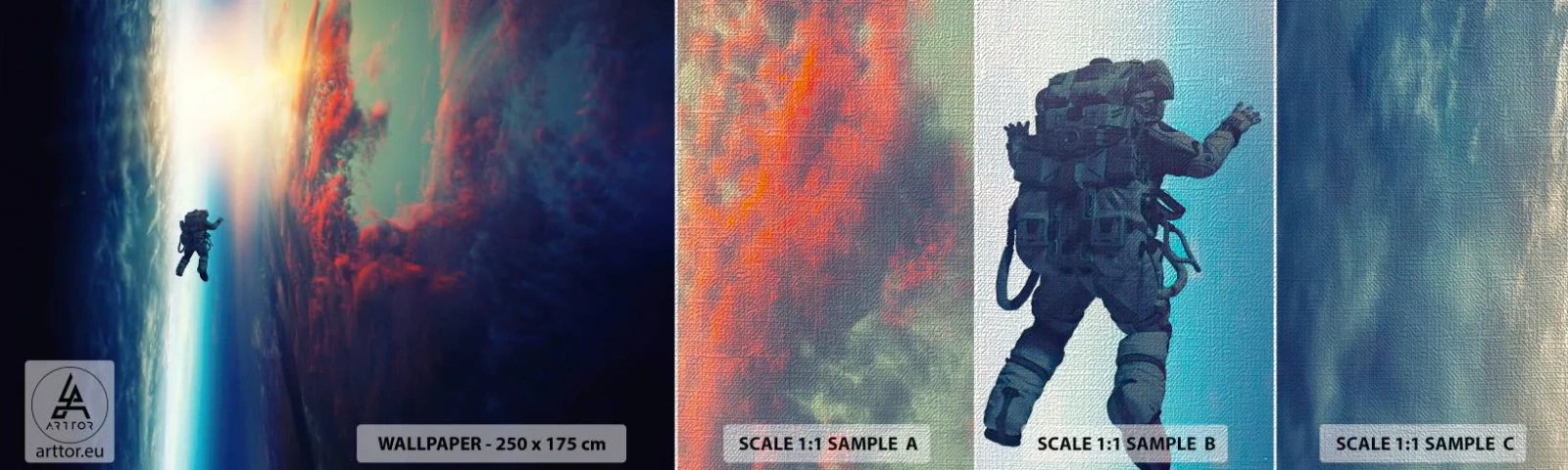 Fototapeta Próbka Premium Canvas - Mierzyć się ze wszechświatem - Abstrakcja, Astronauta, Kosmos - 100x30 cm