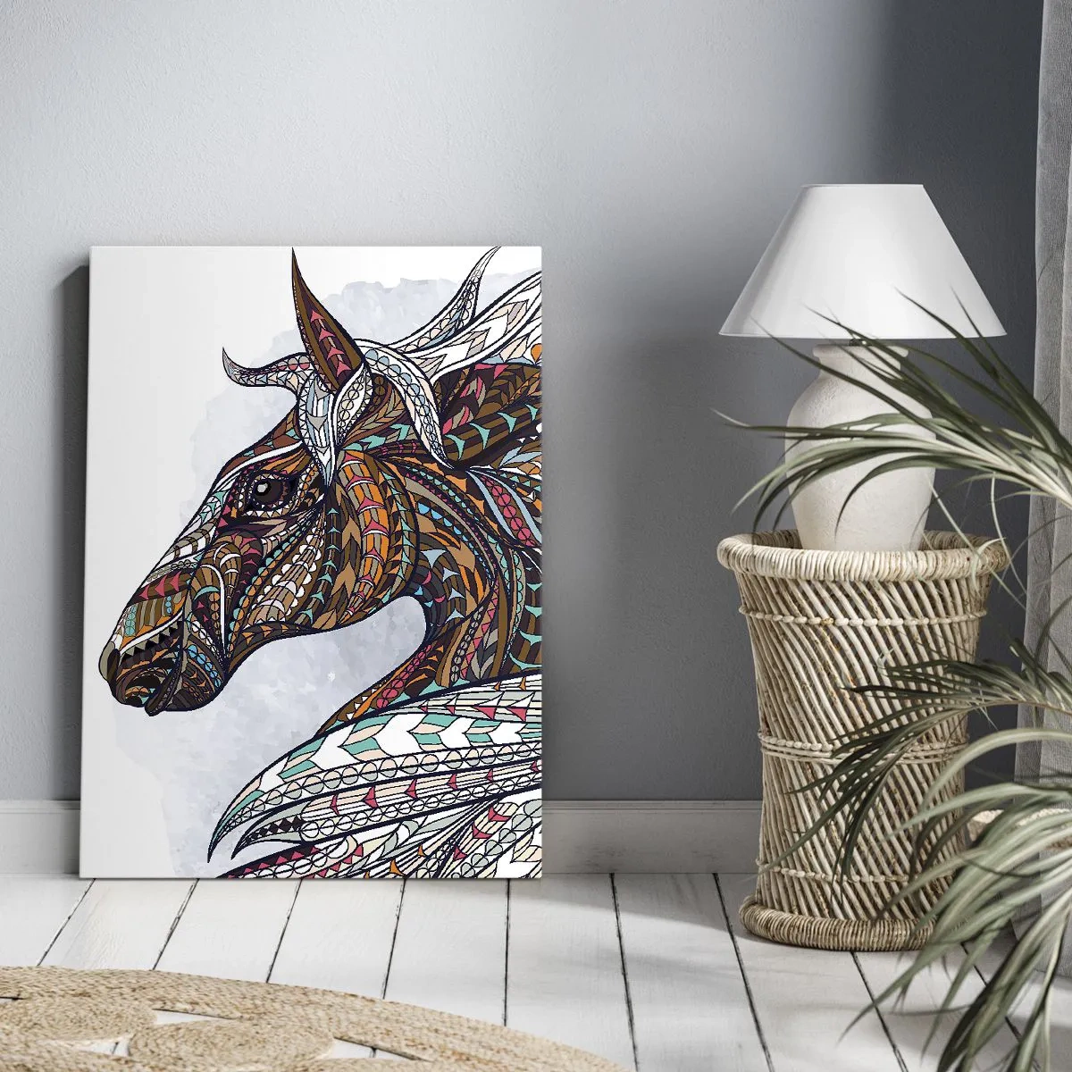 Obraz na płótnie - Geometryczny koń z kolorową grzywą pełną detali - 70x100cm - Rumak celtyckiego wojownika - Nowoczesna dekoracja ścienna do salonu i sypialni ARTTOR