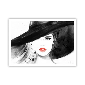 Plakat - Portret kobiety w kapeluszu z czerwonymi ustami - 100x70cm - Dama w czerni - Nowoczesna dekoracja ścienna do salonu i sypialni ARTTOR