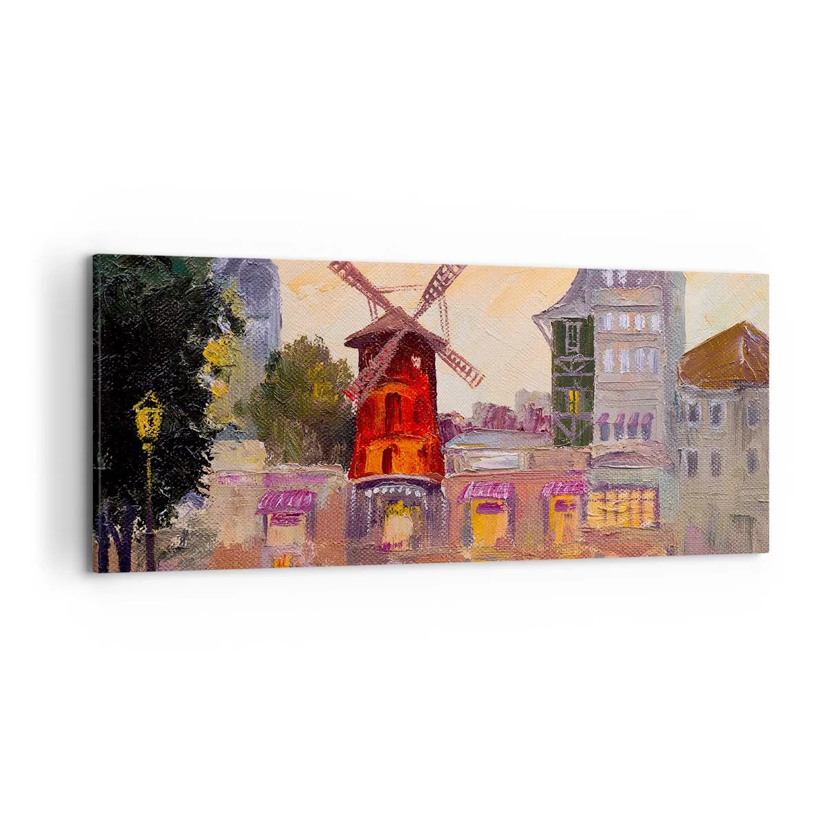 Obraz na płótnie - Czerwony wiatrak Moulin Rouge otoczony miejskim pejzażem - 120x50cm - Paryskie ikony – Moulin Rouge - Nowoczesna dekoracja ścienna do salonu i sypialni ARTTOR