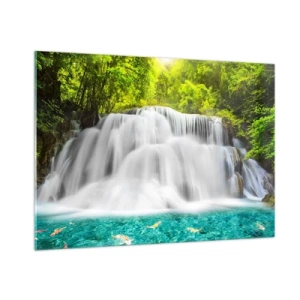 Obraz na szkle - Wodospad w otoczeniu zieleni z krystalicznie czystą wodą - 100x70cm - Pienistą kaskadą od zieleni do lazuru - Nowoczesna dekoracja ścienna do salonu, kuchni i sypialni ARTTOR