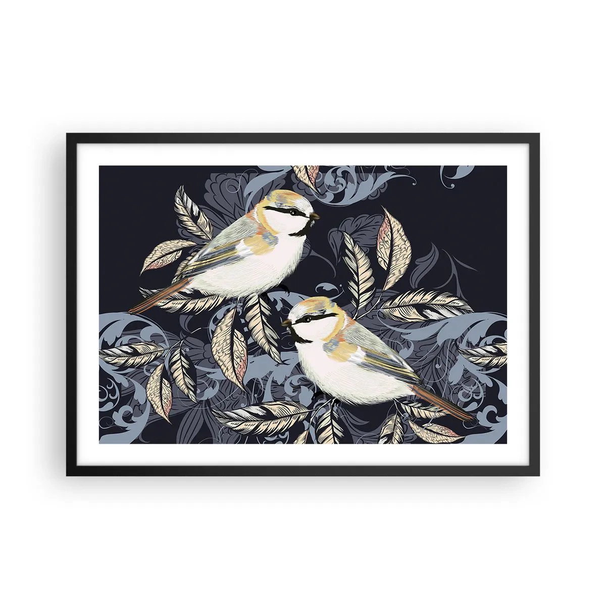Plakat w czarnej ramie - Ptaki na gałęziach w ornamentowym tle - 70x50cm - Żółto-błękitny trel - Nowoczesna dekoracja ścienna do salonu i sypialni ARTTOR