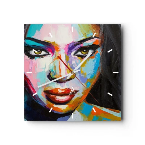 Zegar ścienny - Kolorowy portret kobiety z intensywnym spojrzeniem - 30x30cm - Nie sposób oderwac oczu - Nowoczesna dekoracja ścienna do salonu i sypialni ARTTOR