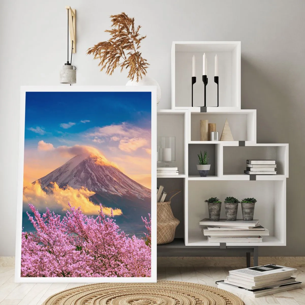 Plakat - Góra Fuji w otoczeniu kwitnącej wiśni o zachodzie słońca - 50x70cm - Japońska świętość - Nowoczesna dekoracja ścienna do salonu, kuchni i sypialni ARTTOR