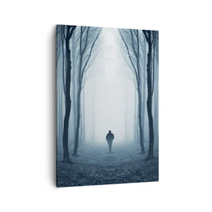 Obraz na płótnie - Sylwetka samotnej osoby wędrującej przez mglisty las w tajemniczej scenerii - 50x70cm - I wszystko proste i jasne - Nowoczesna dekoracja ścienna do salonu, kuchni i sypialni ARTTOR