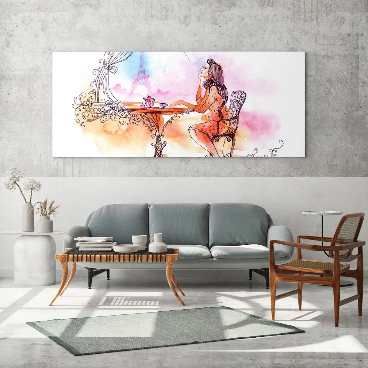 Obraz na szkle - Romantyczna akwarela kobiety w kawiarni z widokiem na wieżę - 120x50cm - Paryski szyk - Nowoczesna dekoracja ścienna do salonu i sypialni ARTTOR