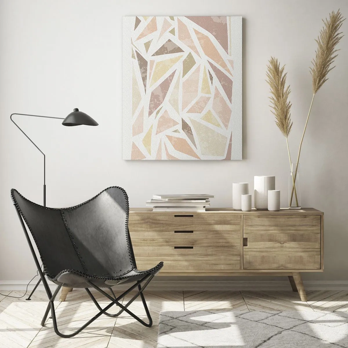 Obraz na szkle - Geometryczna mozaika w pastelowych kolorach na jasnym tle - 50x70cm - Kompozycja witrażowa - Nowoczesna dekoracja ścienna do salonu, kuchni i sypialni ARTTOR