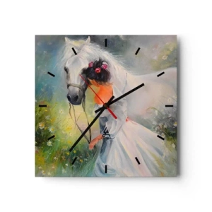 Zegar ścienny - Kobieta z białym koniem w malowniczej scenerii - 30x30cm - Jak z pięknego snu - Nowoczesna dekoracja ścienna do salonu i sypialni ARTTOR