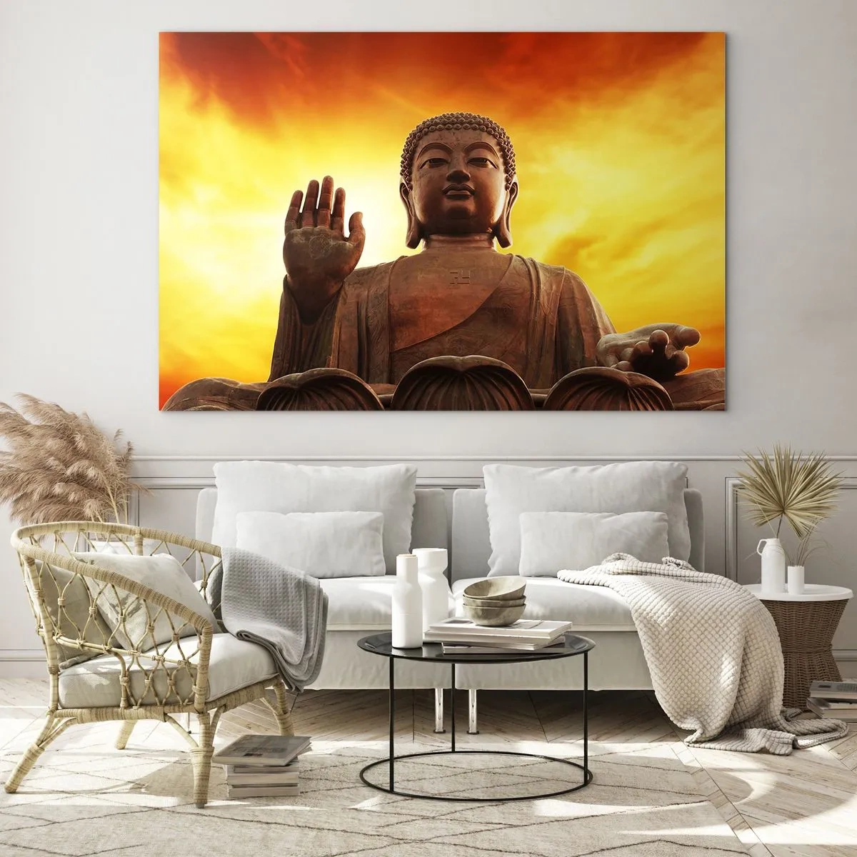 Obraz na szkle - Posąg Buddy na tle złocistego zachodu słońca - 120x80cm - Spokój świata - Nowoczesna dekoracja ścienna do salonu, kuchni i sypialni ARTTOR