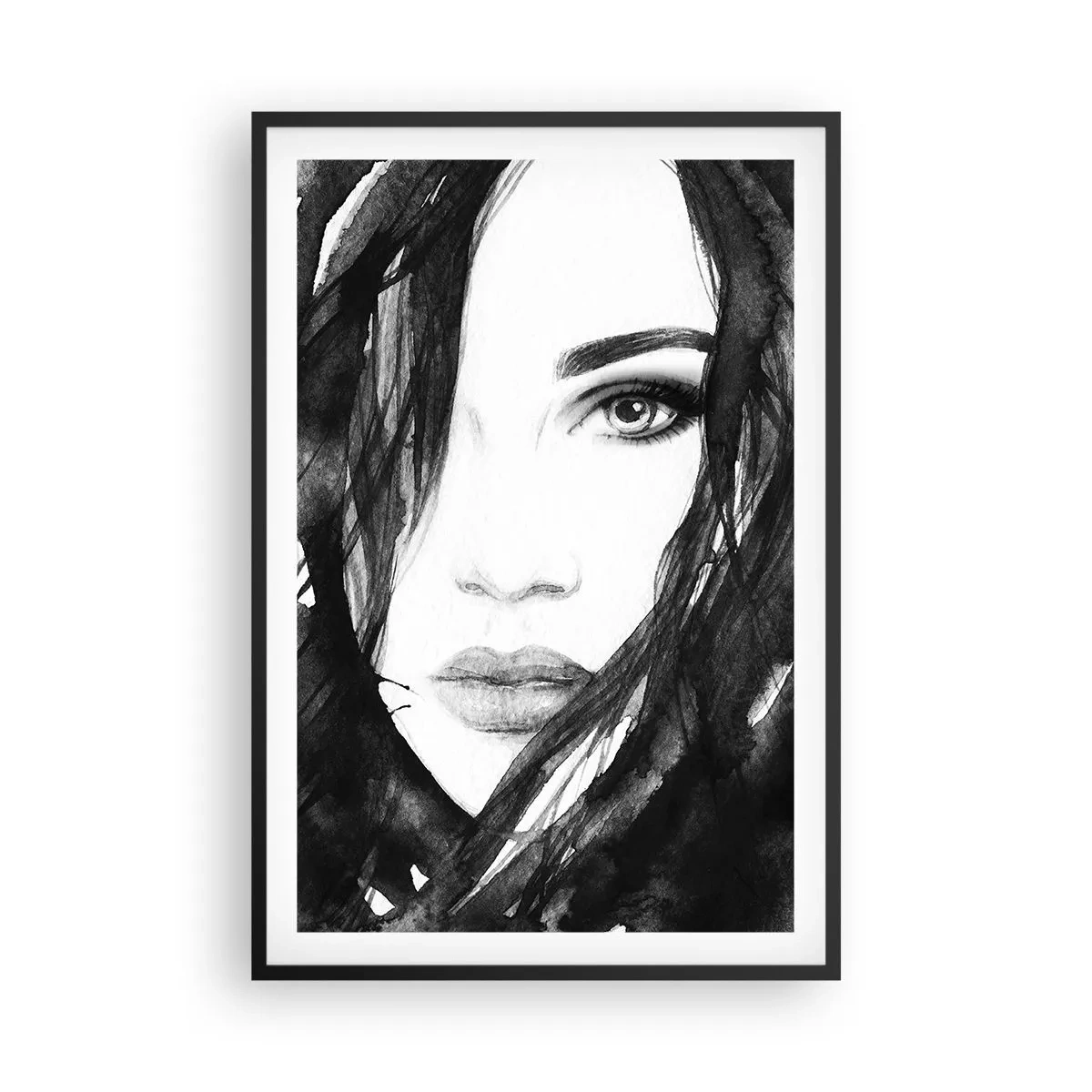 Plakat w czarnej ramie - Portret damy w czerni i bieli - 61x91 cm