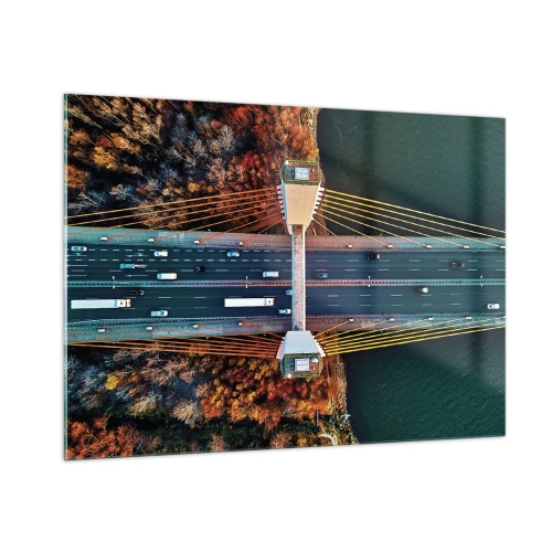Obraz na szkle - Most z lotu ptaka z symetrycznym układem lin i samochodów - 100x70cm - ZA wodami, za lasami - Nowoczesna dekoracja ścienna do salonu, kuchni i sypialni ARTTOR