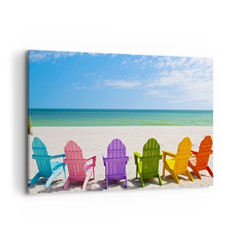 Obraz na płótnie - Kolorowe leżaki na plaży z widokiem na morze - 120x80cm - Tęczowa plaża - Nowoczesna dekoracja ścienna do salonu, kuchni i sypialni ARTTOR