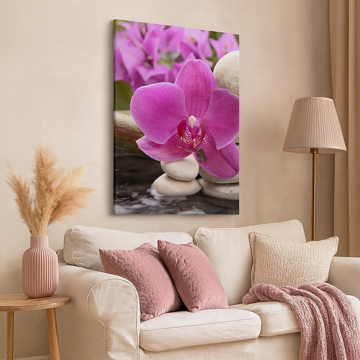 Obraz na płótnie - Różowa orchidea na kamieniach z wodnym odbiciem - 50x70cm - Już odpoczywasz - Nowoczesna dekoracja ścienna do salonu, kuchni i sypialni ARTTOR
