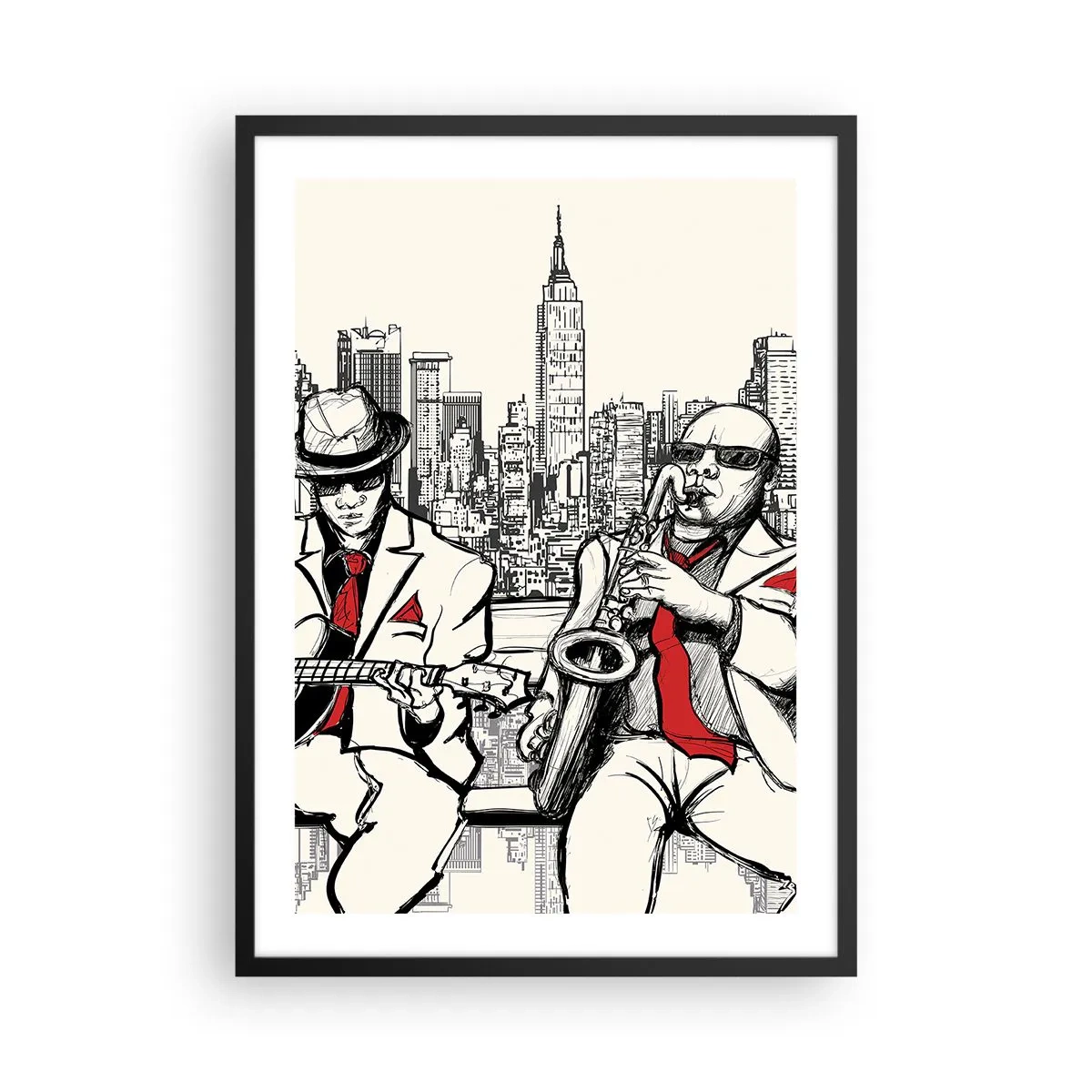 Plakat w czarnej ramie - Dwóch muzyków jazzowych na tle miejskiej panoramy - 50x70cm - Nowojorska improwizacja - Nowoczesna dekoracja ścienna do salonu i sypialni ARTTOR