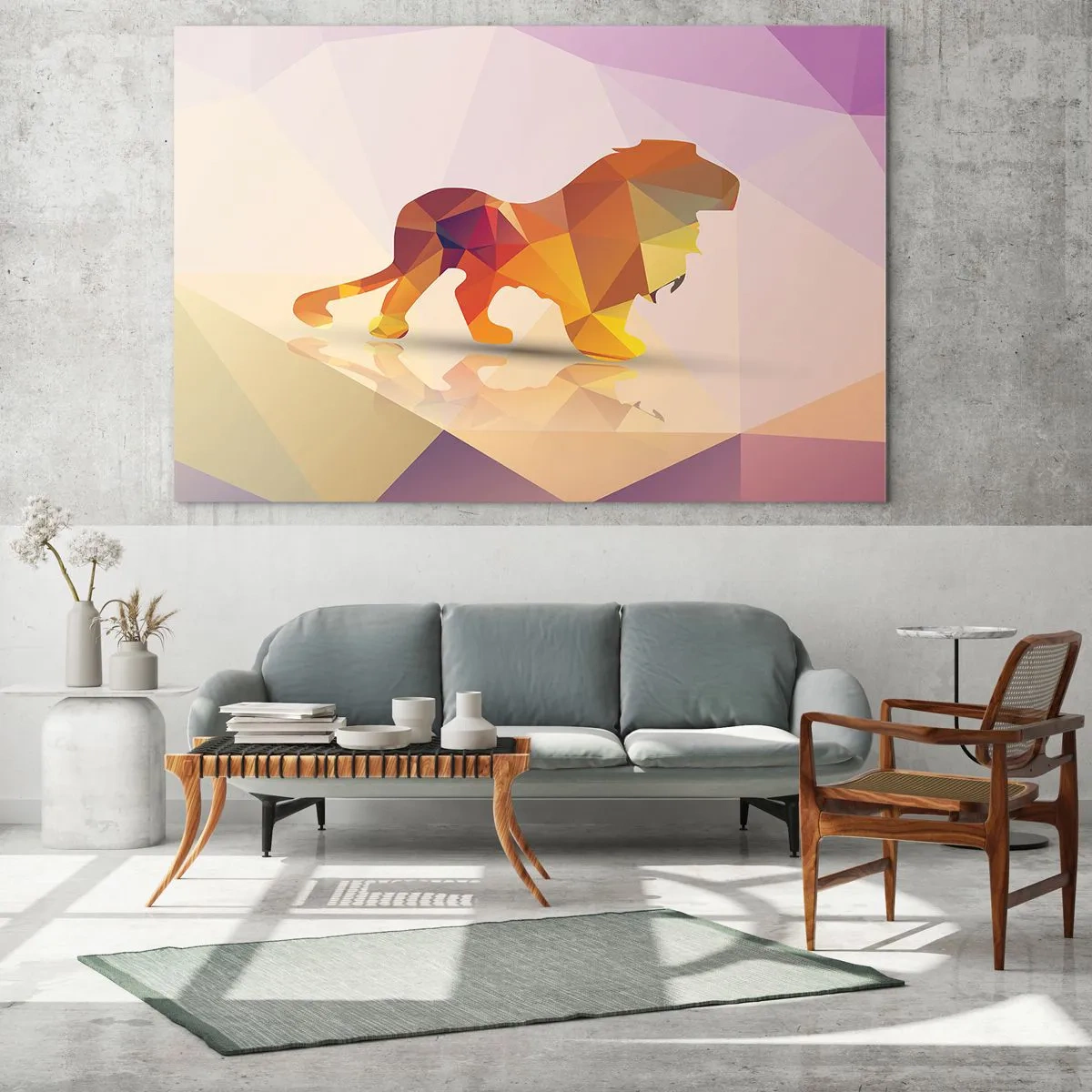 Obraz na szkle - Geometryczny lew w kolorowej abstrakcji - 70x50cm - Diamentowy król - Nowoczesna dekoracja ścienna do salonu i sypialni ARTTOR