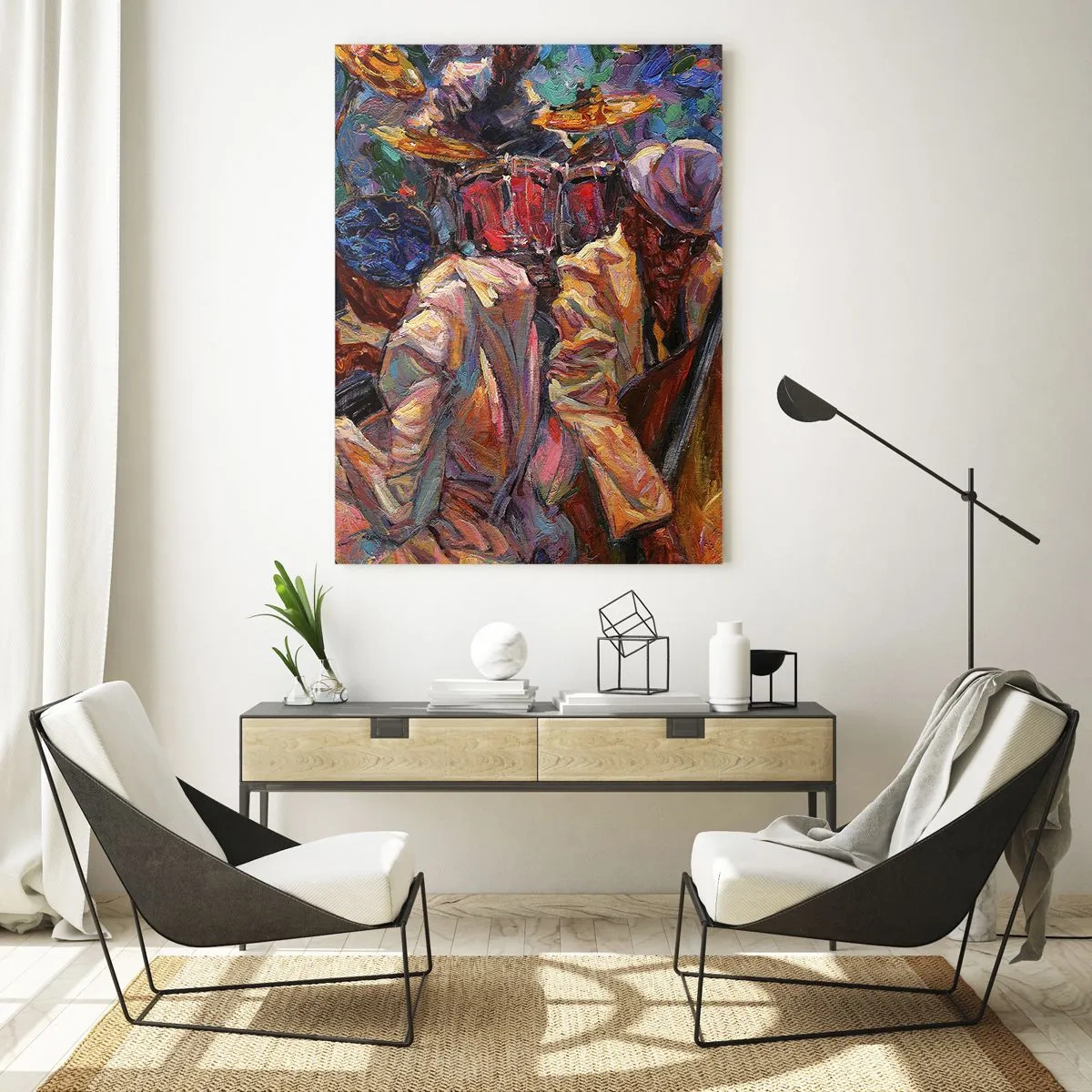 Obraz na szkle - Energetyczna scena jazzowa z muzykami i instrumentami - 70x100cm - W jednym rytmie - Nowoczesna dekoracja ścienna do salonu i sypialni ARTTOR