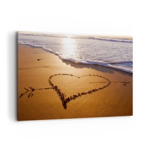 Obraz na płótnie - Serce z piasku na plaży podczas zachodu słońca - 100x70cm - Wakacyjne wyznanie - Nowoczesna dekoracja ścienna do salonu, kuchni i sypialni ARTTOR