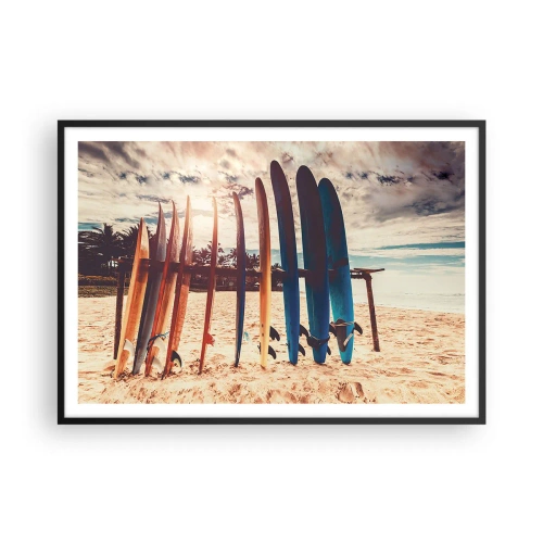 Plakat w czarnej ramie - Deski surfingowe na plaży o zachodzie słońca - 100x70cm - Dobranoc, do jutra - Nowoczesna dekoracja ścienna do salonu i sypialni ARTTOR