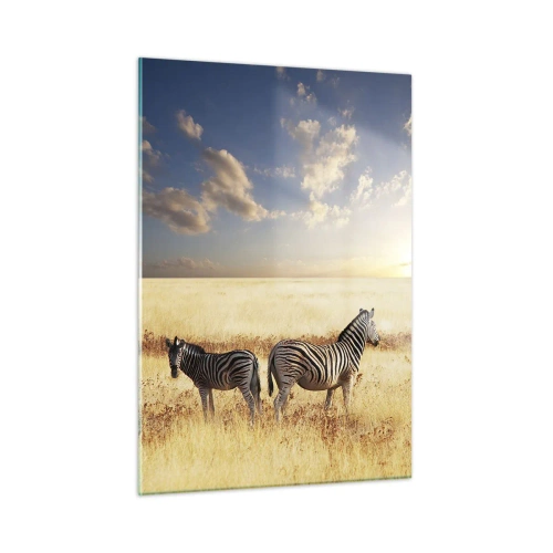 Obraz na szkle - Dwie zebry na sawannie o zachodzie słońca - 50x70cm - Idź stąd, nie mąć spokoju - Nowoczesna dekoracja ścienna do salonu, kuchni i sypialni ARTTOR