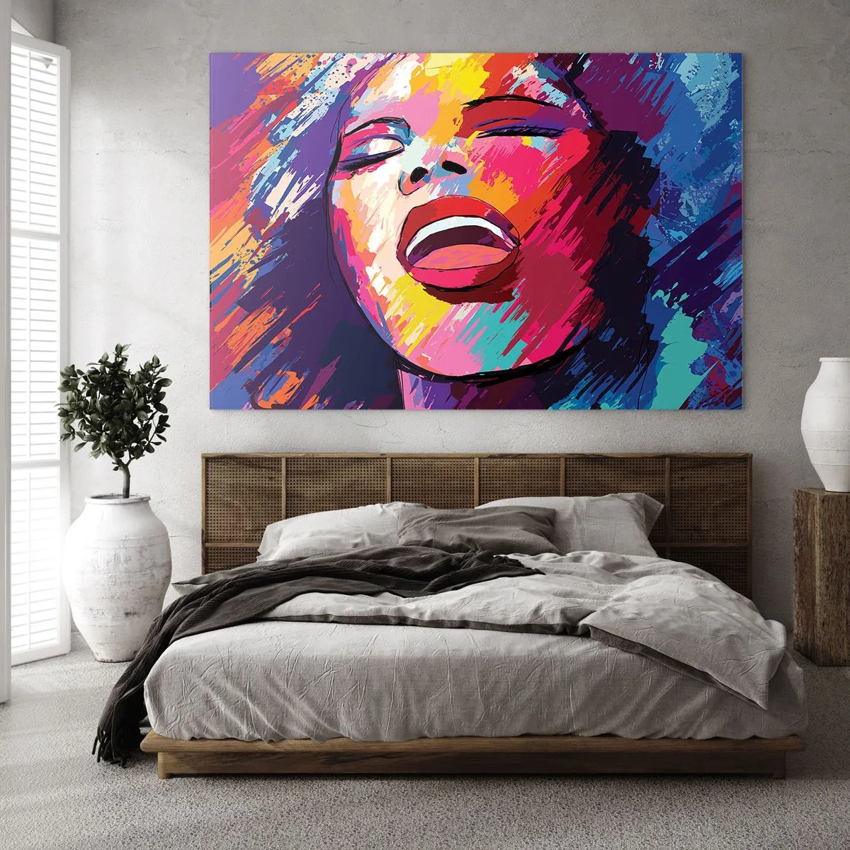 Obraz na szkle - Abstrakcyjny portret kobiety w intensywnych kolorach - 70x50cm - Wyśpiewać całe życie - Nowoczesna dekoracja ścienna do salonu i sypialni ARTTOR