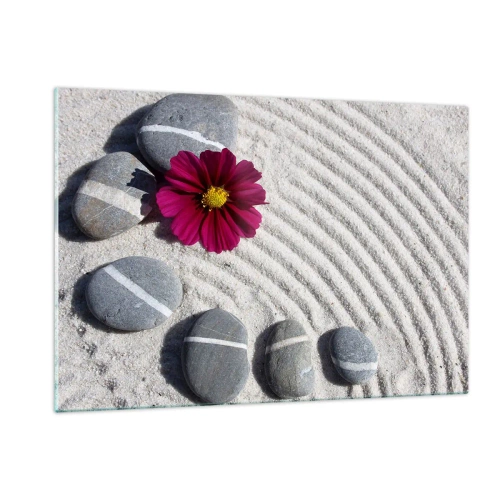 Obraz na szkle - Kamienie z białymi paskami i fioletowy kwiat na piasku w stylu zen - 120x80cm - Energia i spokój magicznego kręgu natury - Nowoczesna dekoracja ścienna do salonu, kuchni i sypialni ARTTOR