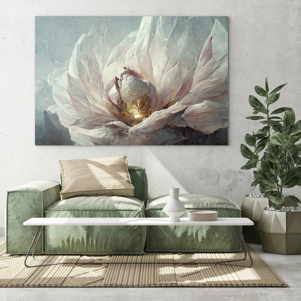 Obraz na szkle - Rozkwitający kwiat w delikatnych szarościach i złocie - 70x50cm - Rozkwita raz na sto lat - Nowoczesna dekoracja ścienna do salonu i sypialni ARTTOR
