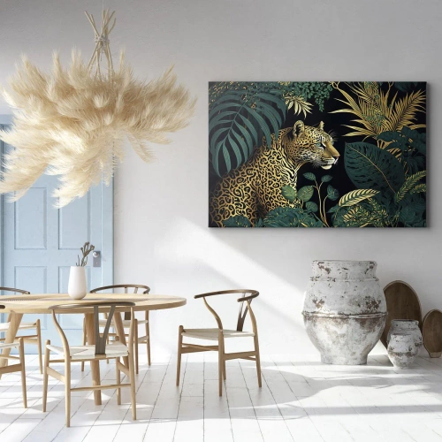 Obraz na płótnie - Gospodarz w dżungli - Leopard w tropikalnych liściach na czarnym tle - 70x50cm