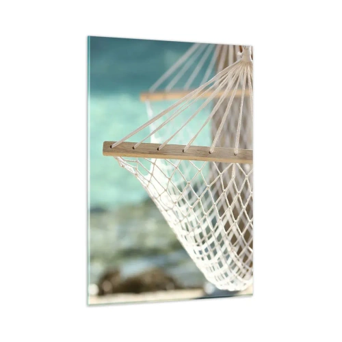 Obraz na szkle - Hamak z widokiem na turkusową wodę - 80x120cm - Czas relaksu - Nowoczesna dekoracja ścienna do salonu i sypialni ARTTOR