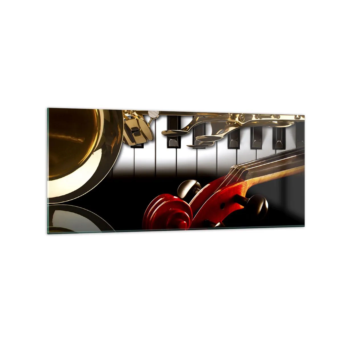 Obraz na szkle - Złoty saksofon, klawisze fortepianu i czerwona skrzypce - 120x50cm - Blacha, drewno i kość słoniowa - Nowoczesna dekoracja ścienna do salonu i sypialni ARTTOR