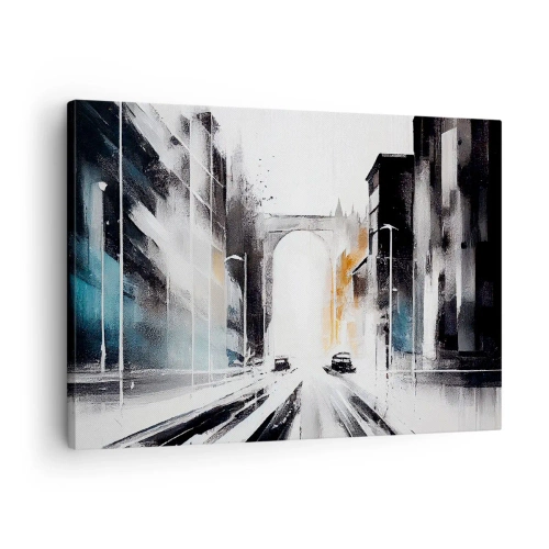 Obraz na płótnie - Abstrakcyjna panorama miasta z łukowym mostem - 70x50cm - Studium miasta: architektura i ruch - Nowoczesna dekoracja ścienna do salonu i sypialni ARTTOR