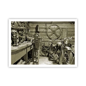 Plakat - Retro warsztat z motocyklami i narzędziami - 100x70cm - W szopie wuja Władka - Nowoczesna dekoracja ścienna do salonu i sypialni ARTTOR