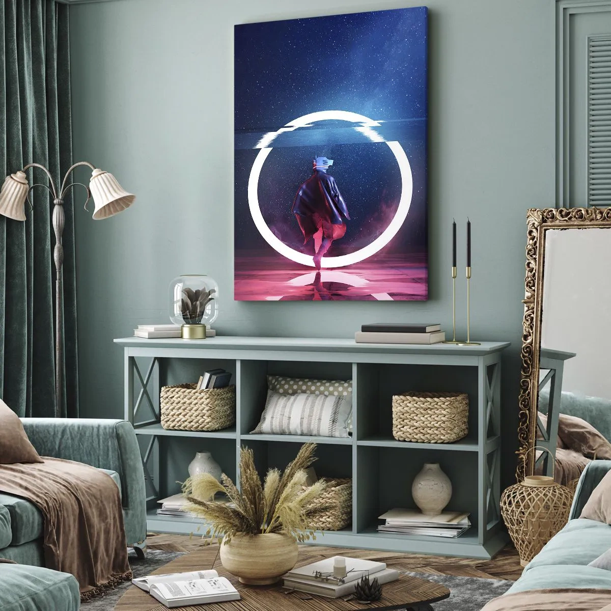 Obraz na płótnie - Futurystyczna postać w okularach VR na tle świetlistego okręgu i nocnego nieba - 50x70cm - Między światami - Nowoczesna dekoracja ścienna do salonu, kuchni i sypialni ARTTOR