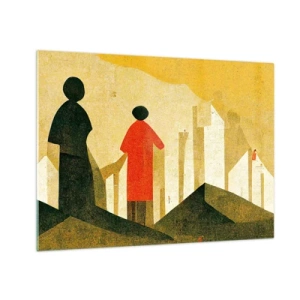 Obraz na szkle - Geometryczne sylwetki postaci wśród wysokich form na tle żółtego nieba - 70x50cm - Jeszcze daleka droga - Nowoczesna dekoracja ścienna do salonu i sypialni ARTTOR