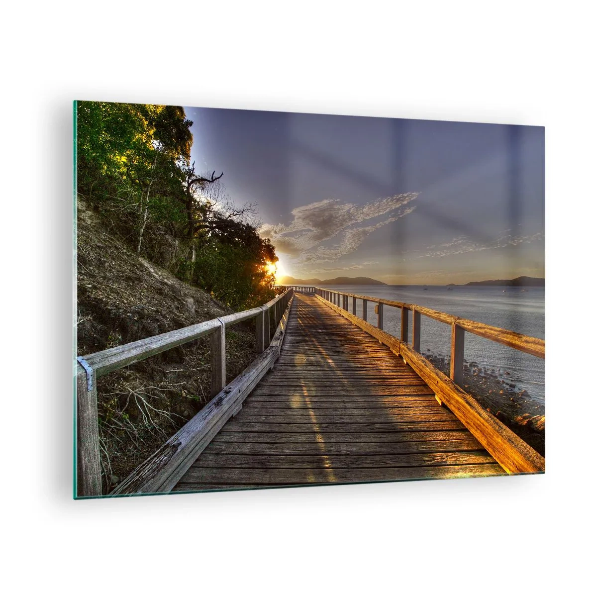 Obraz na szkle - Drewniana kładka o zachodzie słońca - 70x50cm - Iść, ciągle iść w stronę słońca - Nowoczesna dekoracja ścienna do salonu i sypialni ARTTOR