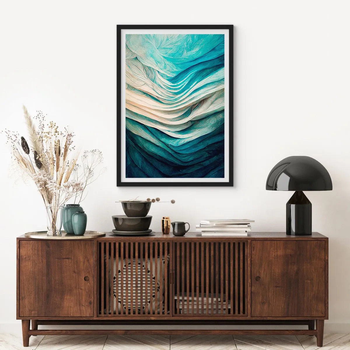 Plakat w czarnej ramie - Abstrakcyjna kompozycja fal w odcieniach błękitu i beżu - 50x70cm - Błękitne nienasycenie - Nowoczesna dekoracja ścienna do salonu i sypialni ARTTOR