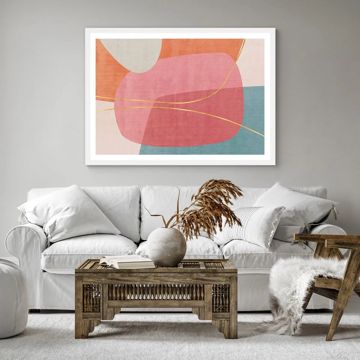 Plakat w białej ramie - Pastelowa kompozycja z nicią złota - 40x40 cm