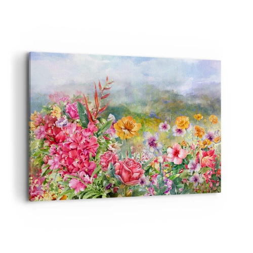 Obraz na płótnie - Barwna kompozycja kwiatów na tle pejzażu w pastelowych kolorach - 120x80cm - Ogród, który oszalał - Nowoczesna dekoracja ścienna do salonu, kuchni i sypialni ARTTOR