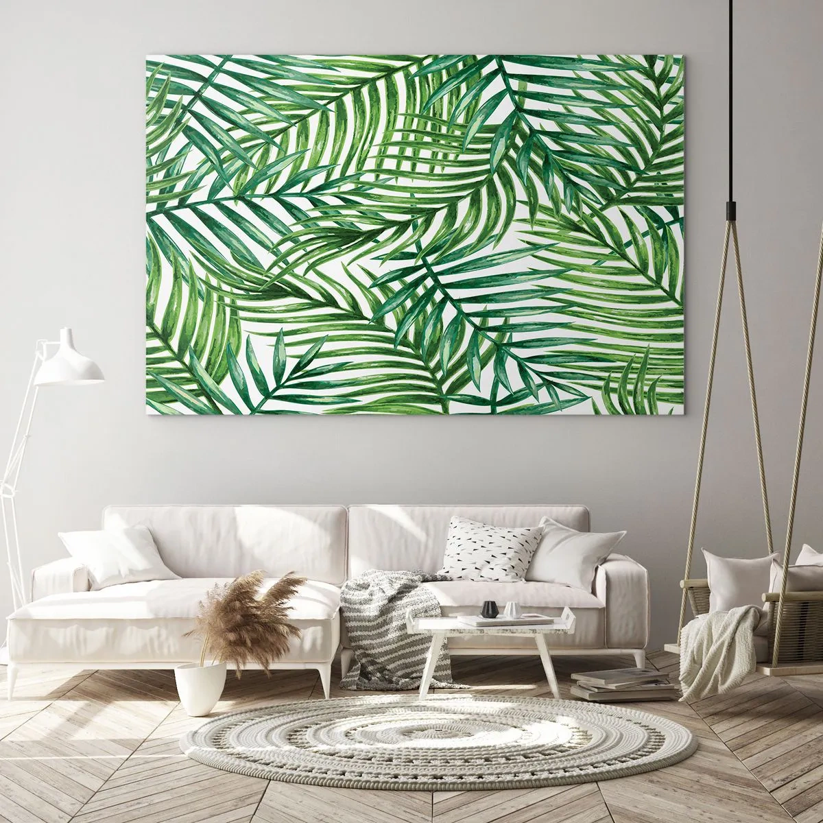 Obraz na szkle - Zielone liście palm na białym tle tworzące geometryczny wzór - 120x80cm - Pod zielonym baldachimem - Nowoczesna dekoracja ścienna do salonu, kuchni i sypialni ARTTOR