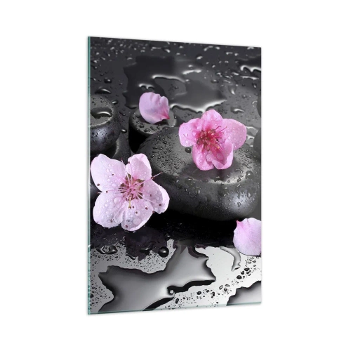 Obraz na szkle - Kamienie spa z kwiatami na mokrym tle - 50x70cm - I kamień spada z serca - Nowoczesna dekoracja ścienna do salonu, kuchni i sypialni ARTTOR
