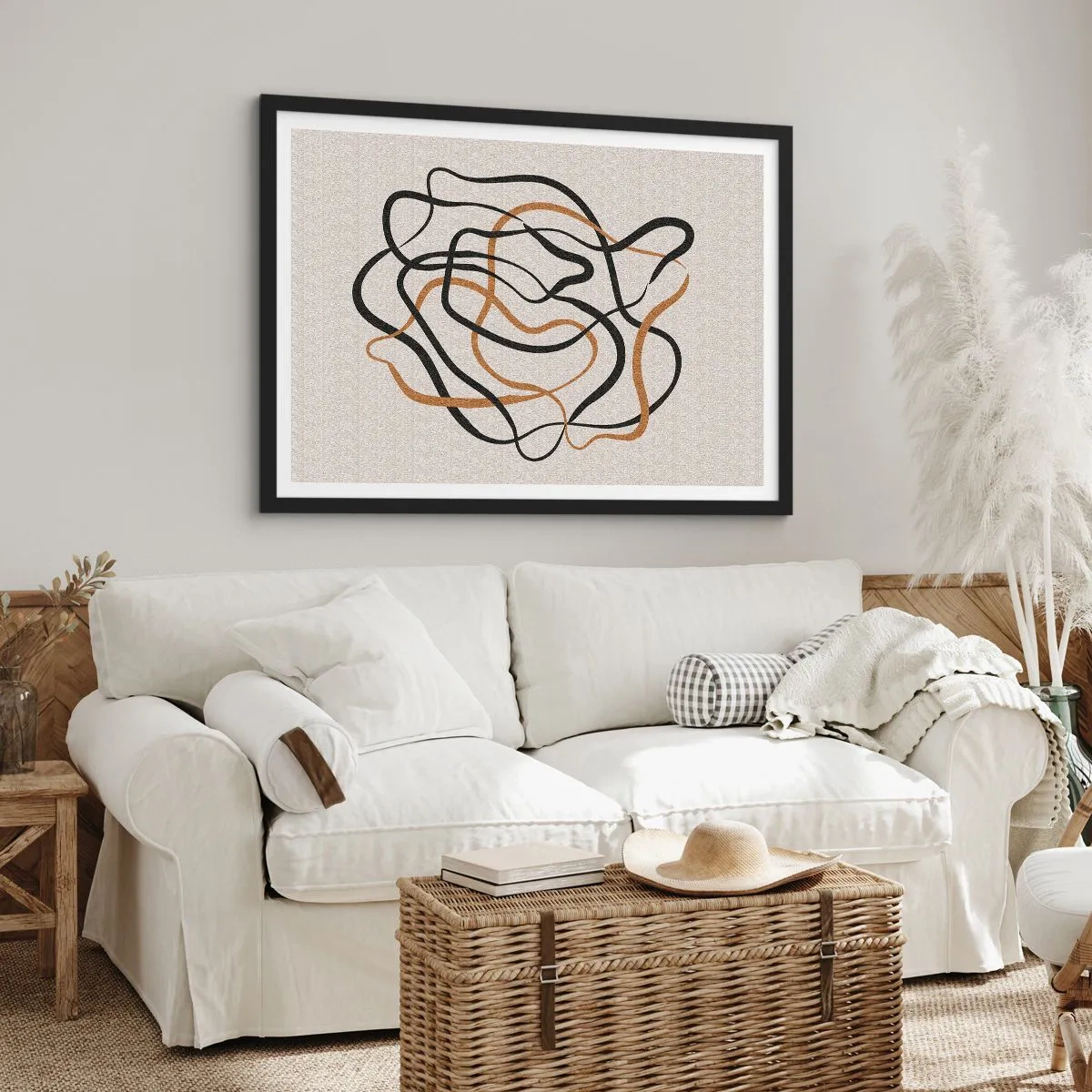 Plakat w czarnej ramie - Splątane linie w czerni i złocie na jasnym tle - 70x50cm - Wszystko się pokręciło - Nowoczesna dekoracja ścienna do salonu i sypialni ARTTOR