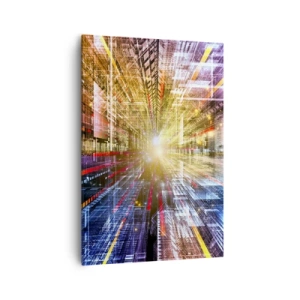 Obraz na płótnie - Dynamiczne światła w futurystycznym korytarzu - 70x100cm - Świetlny korytarz - Nowoczesna dekoracja ścienna do salonu i sypialni ARTTOR