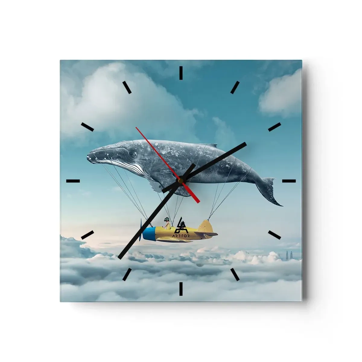 Zegar ścienny - Latający wieloryb unoszący samolot w surrealistycznej scenerii - 30x30cm - Dlaczego nie? - Nowoczesna dekoracja ścienna do salonu i sypialni ARTTOR