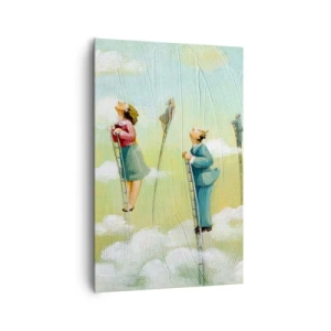 Obraz na płótnie - Postacie wspinające się po drabinach wśród chmur na pastelowym tle - 80x120cm - Za swoim marzeniem - Nowoczesna dekoracja ścienna do salonu i sypialni ARTTOR