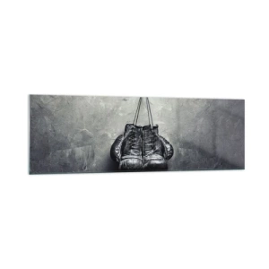 Obraz na szkle - Stare rękawice bokserskie na tle ściany - 160x50cm - Czas walki i czas pokoju - Nowoczesna dekoracja ścienna do salonu i sypialni ARTTOR