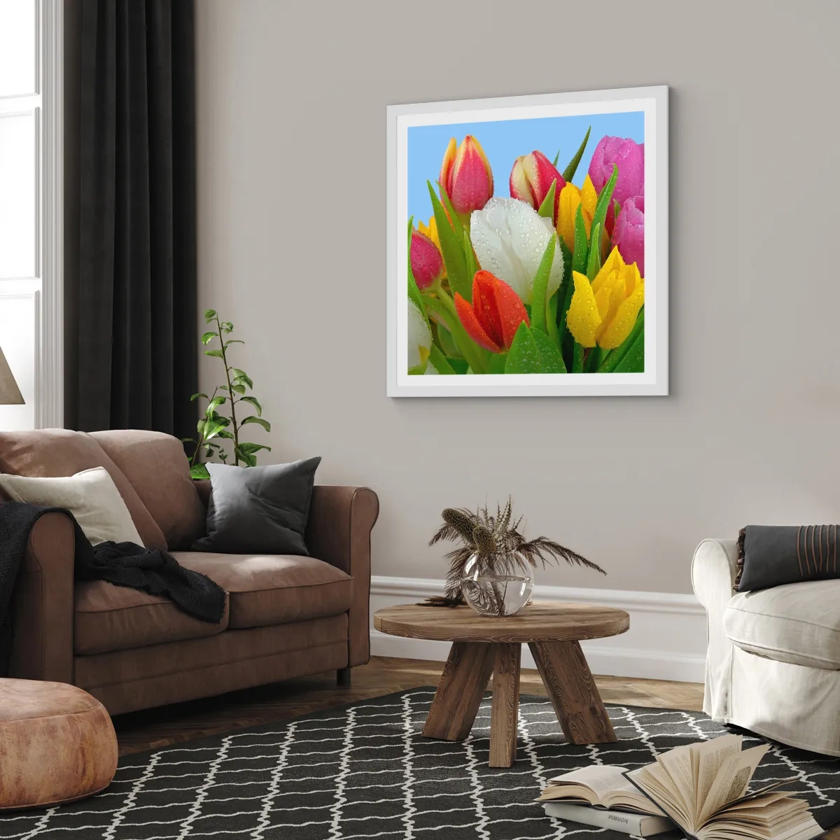 Plakat w białej ramie - Kwiatowa tęcza w kroplach rosy - 60x60 cm